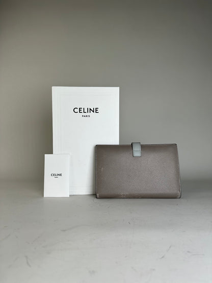 Vintage Celine Textured Leather Wallet Grey Silver