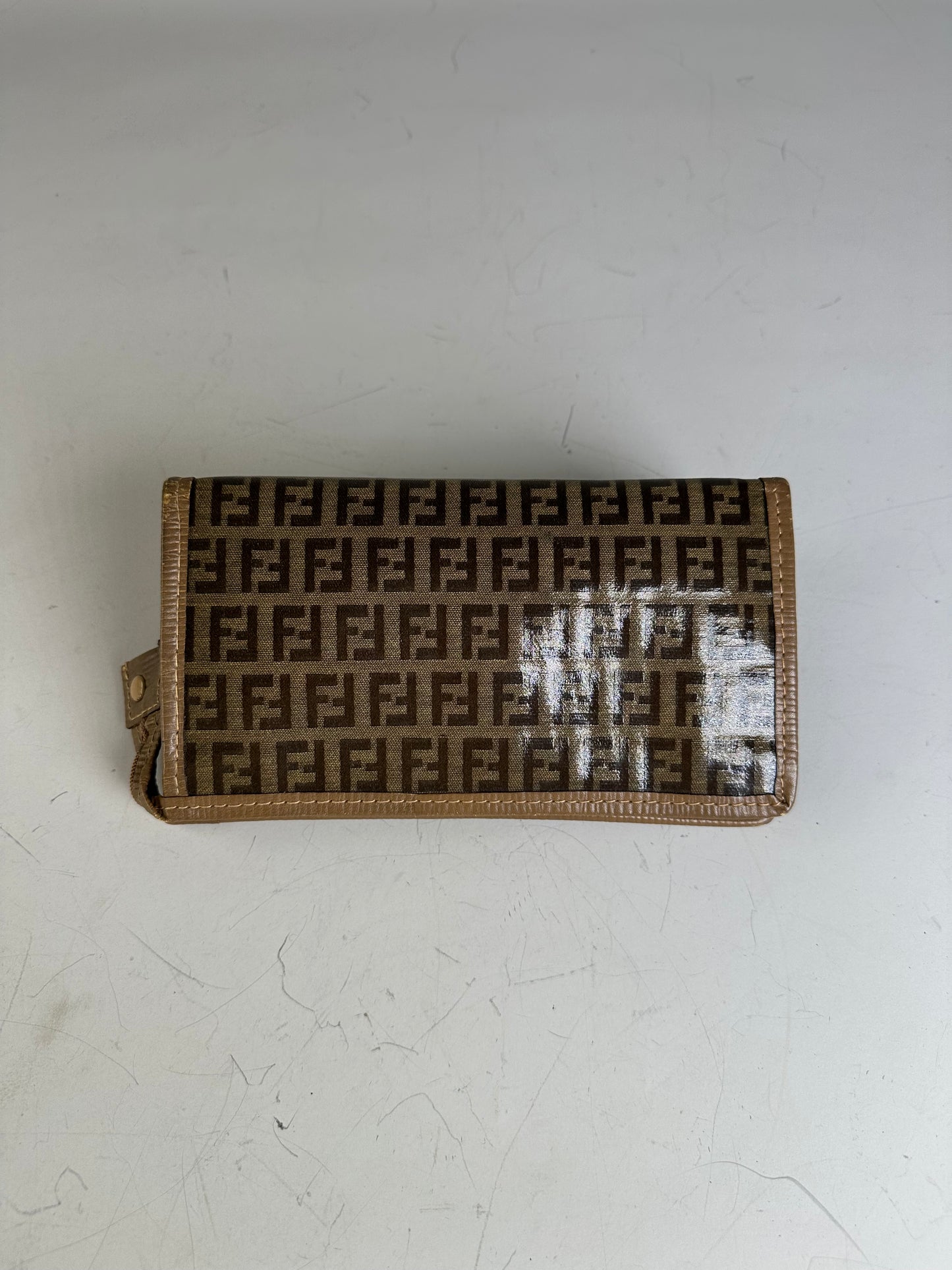 Vintage Fendi FF Monogram Canvas Zip Wallet Brown Beige