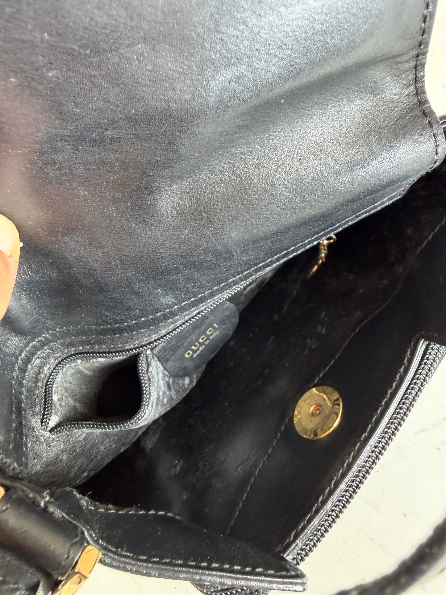 Vintage Gucci Leather Shoulder Bag Black Gold
