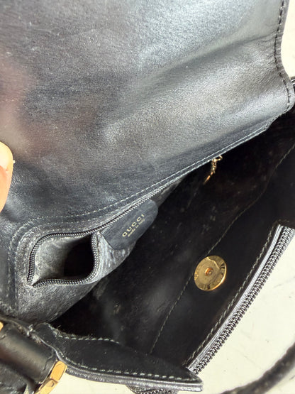Vintage Gucci Leather Shoulder Bag Black Gold