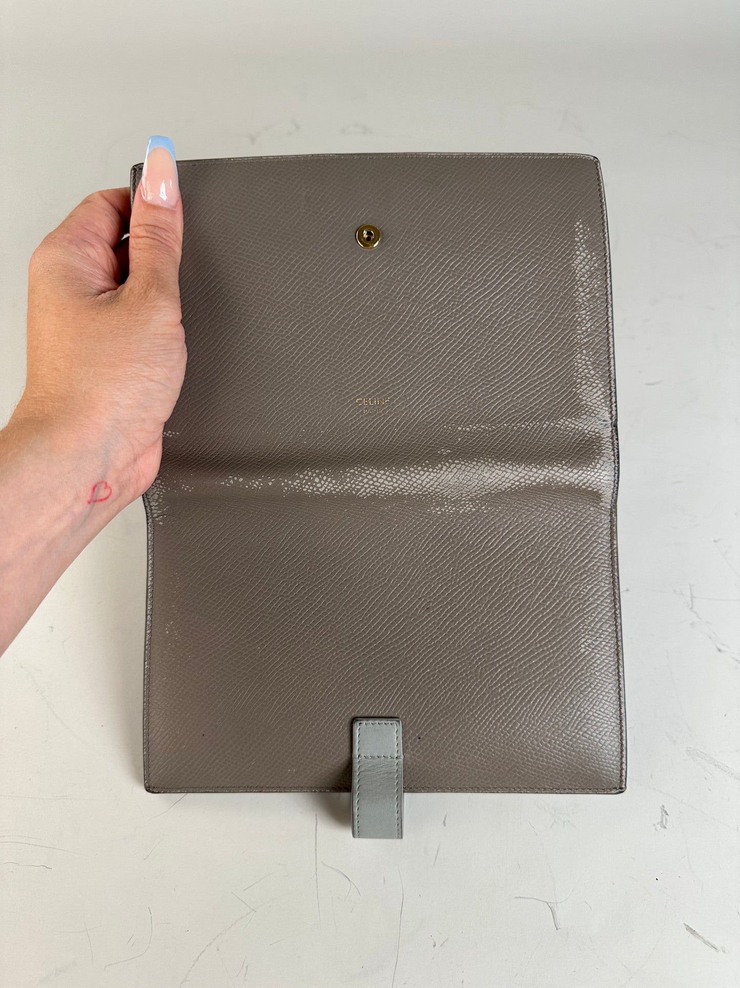 Vintage Celine Textured Leather Wallet Grey Silver