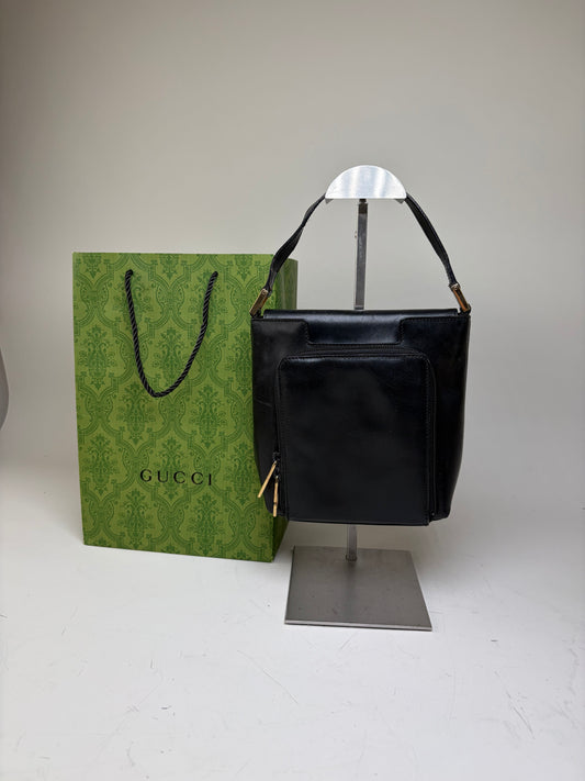 Vintage Gucci Leather Shoulder Bag Black Gold
