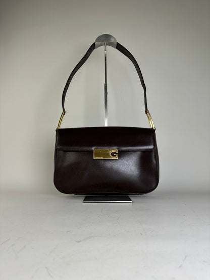 Vintage Givenchy Structured Leather Shoulder Bag Dark Brown Gold