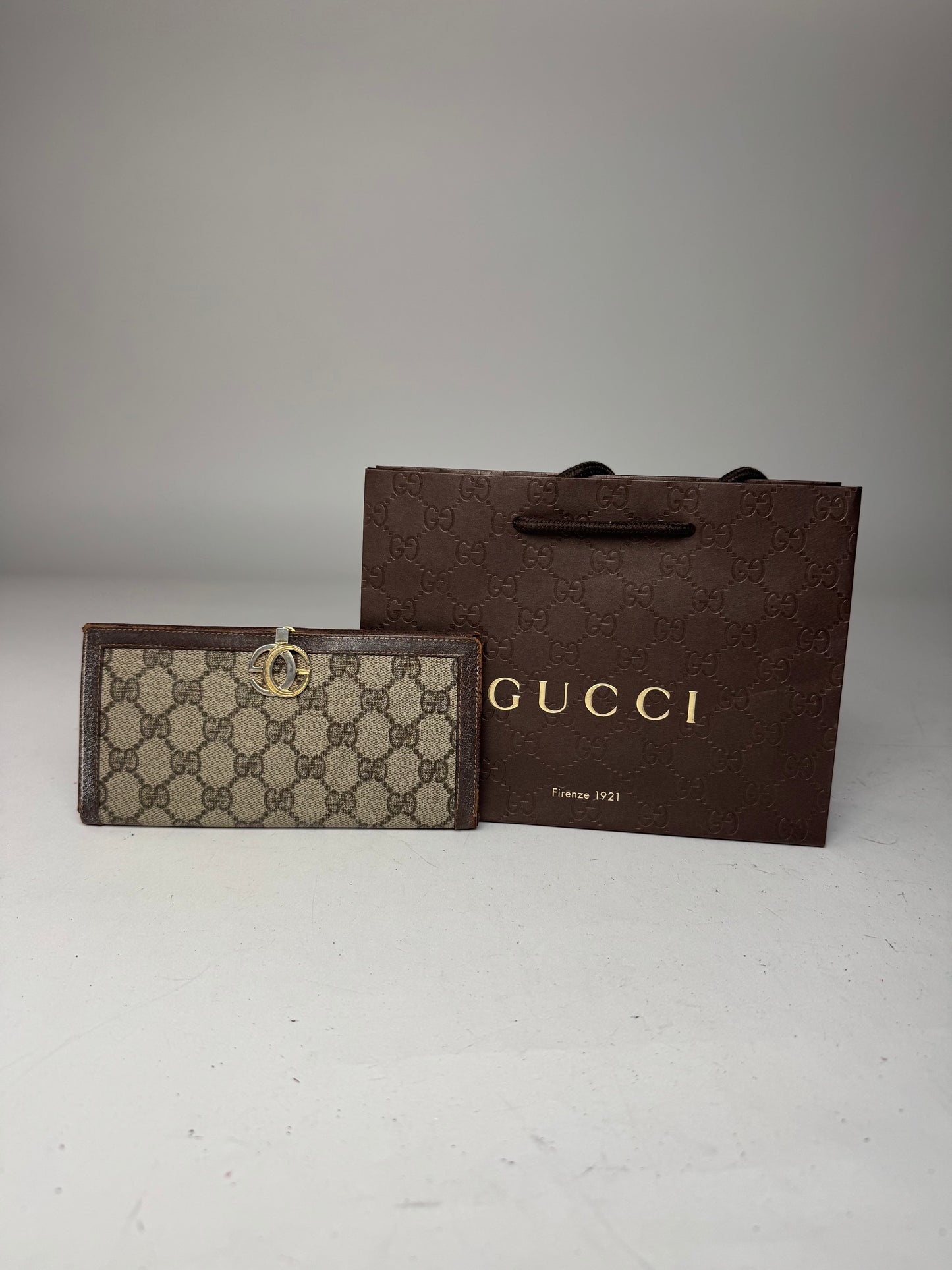 Vintage Gucci Monogram Leather Wallet Grey Brown