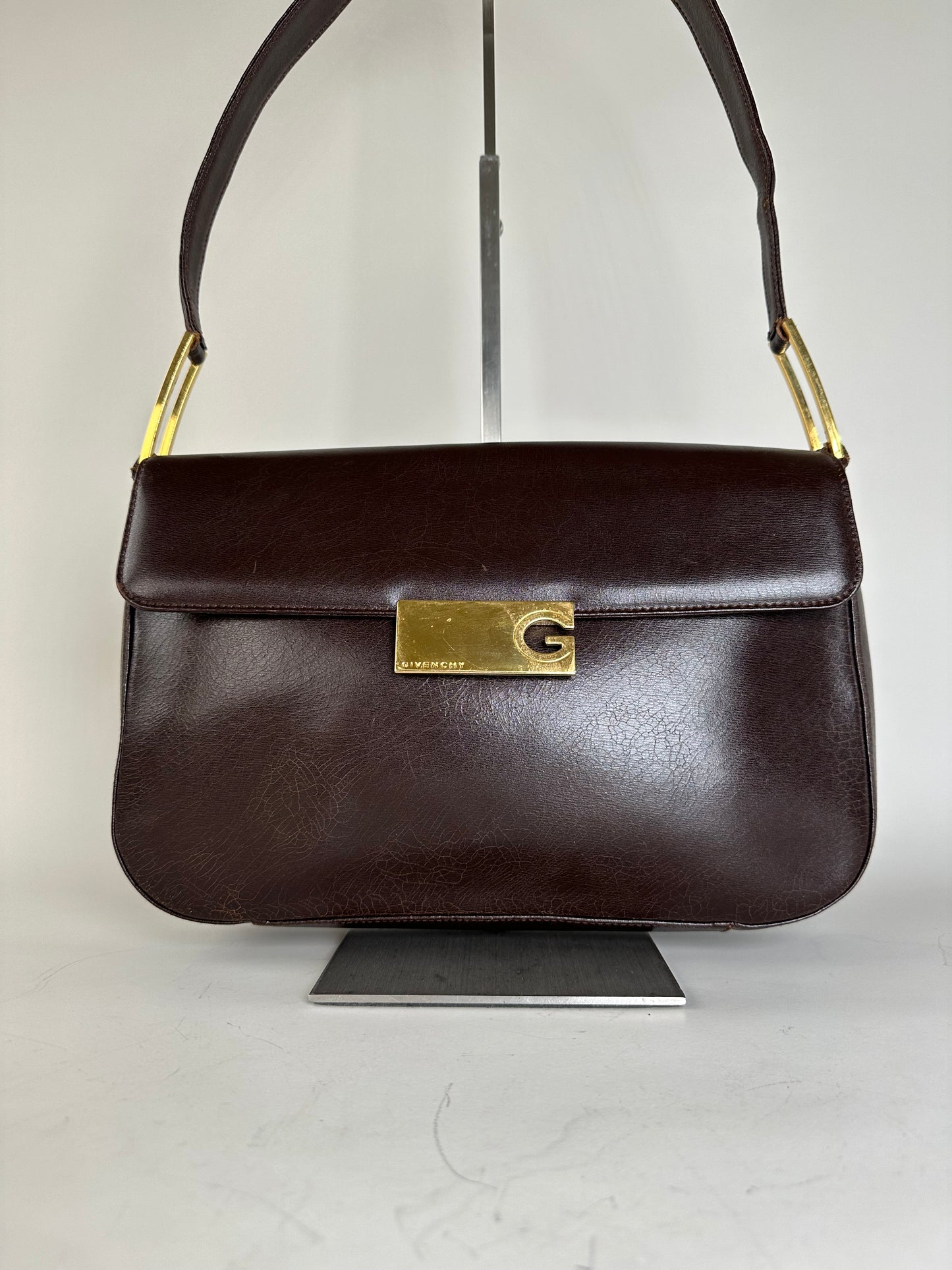 Vintage Givenchy Structured Leather Shoulder Bag Dark Brown Gold