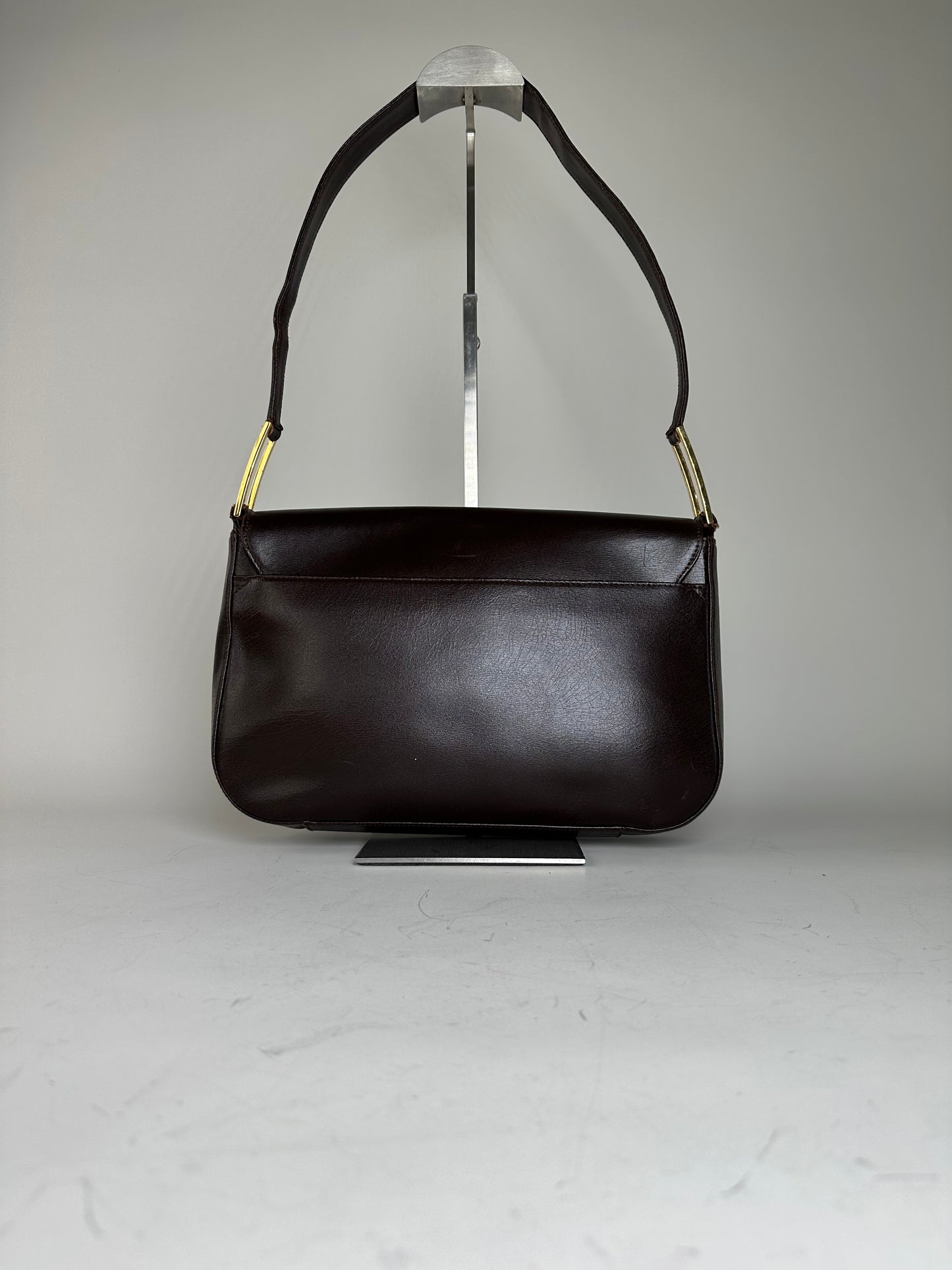 Vintage Givenchy Structured Leather Shoulder Bag Dark Brown Gold