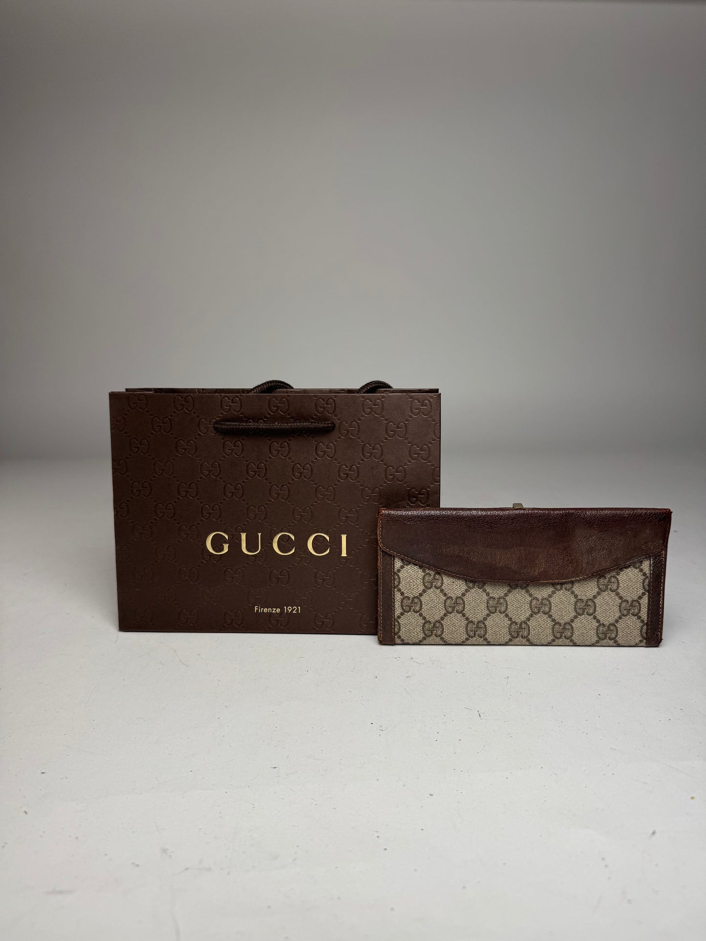 Vintage Gucci Monogram Leather Wallet Grey Brown