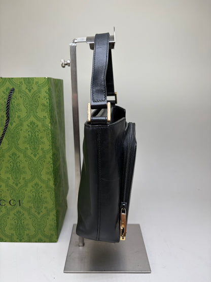 Vintage Gucci Leather Shoulder Bag Black Gold