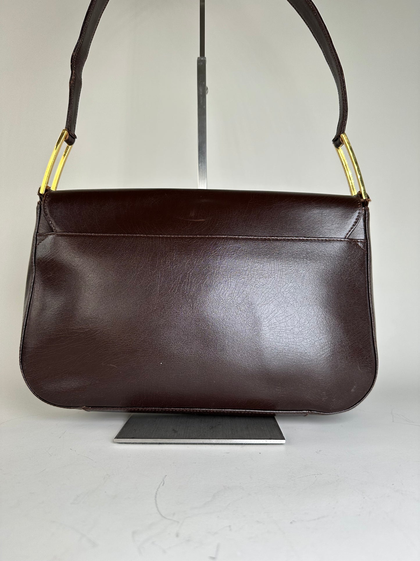 Vintage Givenchy Structured Leather Shoulder Bag Dark Brown Gold