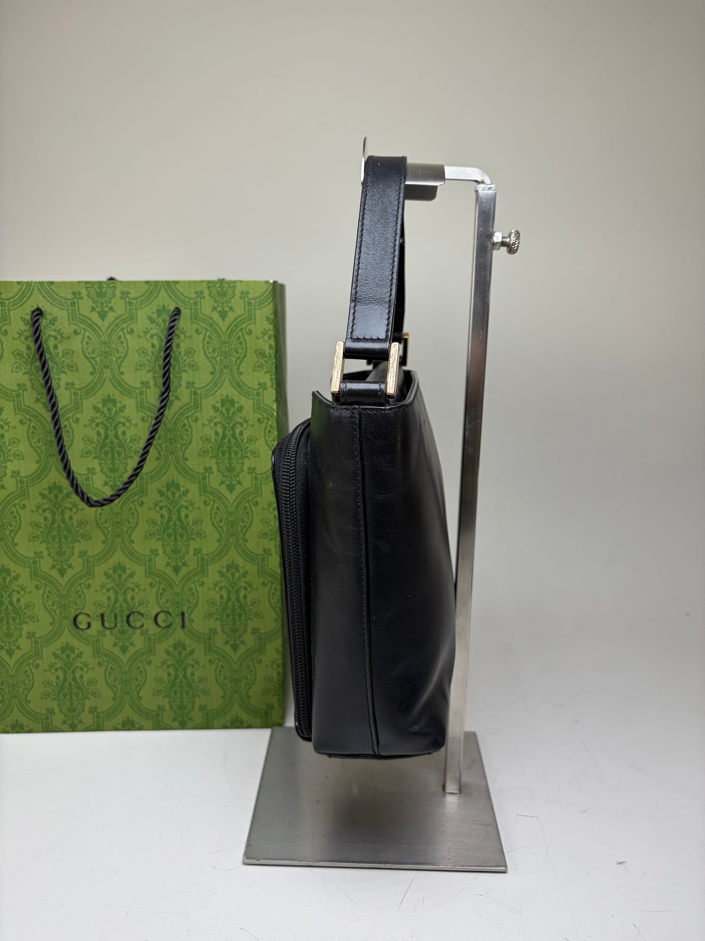 Vintage Gucci Leather Shoulder Bag Black Gold