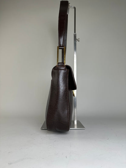 Vintage Givenchy Structured Leather Shoulder Bag Dark Brown Gold