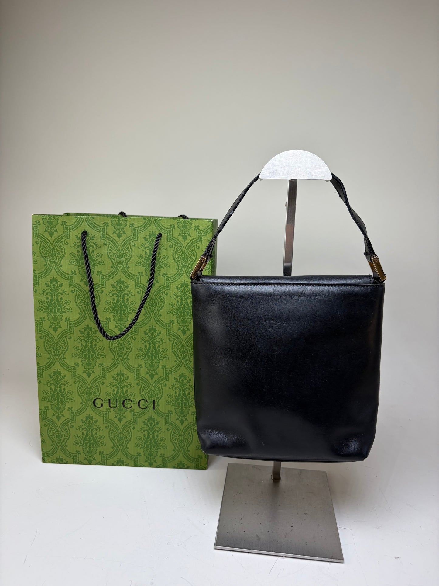 Vintage Gucci Leather Shoulder Bag Black Gold