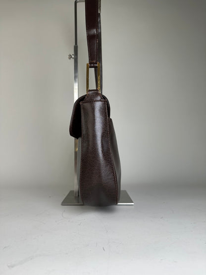 Vintage Givenchy Structured Leather Shoulder Bag Dark Brown Gold