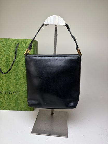 Vintage Gucci Leather Shoulder Bag Black Gold
