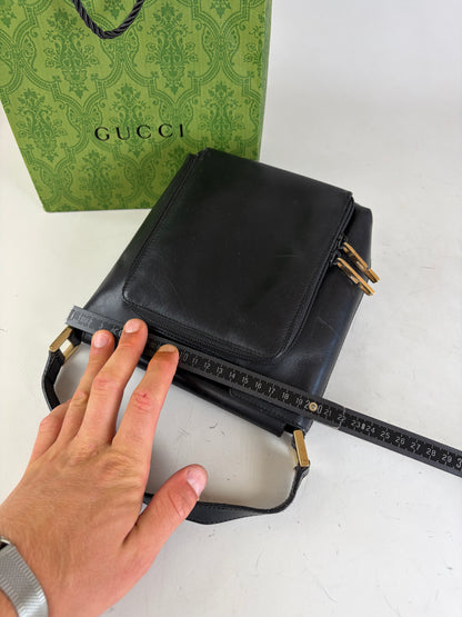 Vintage Gucci Leather Shoulder Bag Black Gold