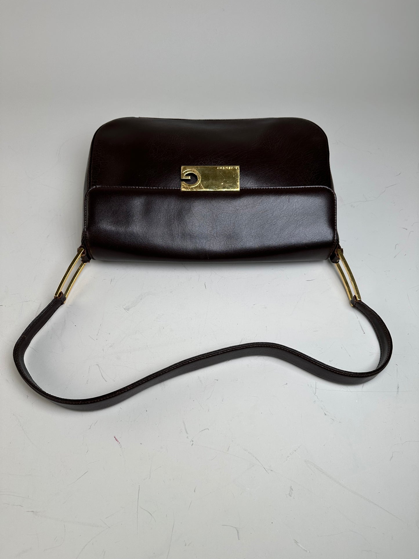 Vintage Givenchy Structured Leather Shoulder Bag Dark Brown Gold