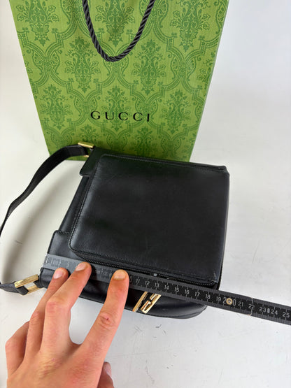 Vintage Gucci Leather Shoulder Bag Black Gold