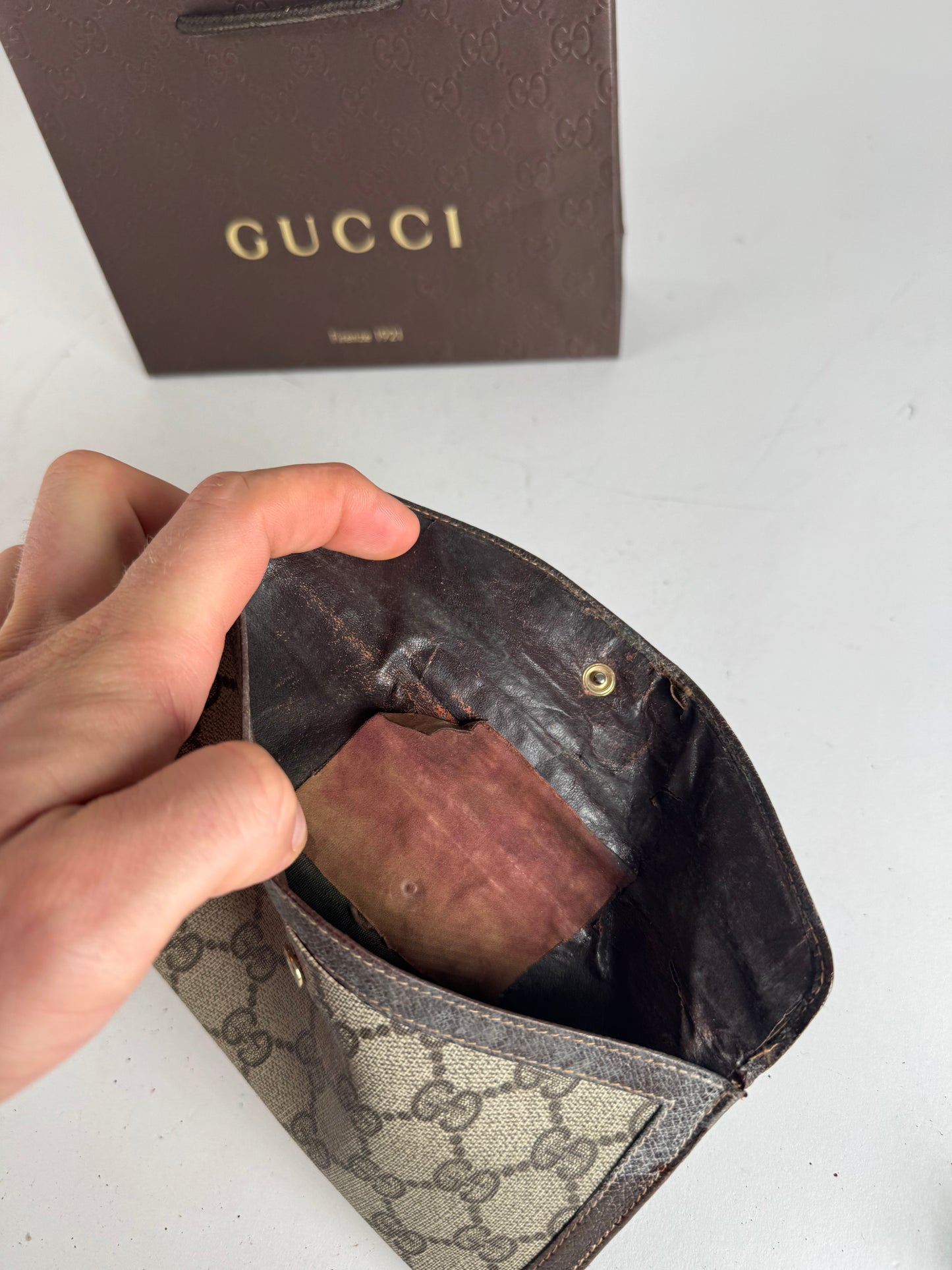 Vintage Gucci Monogram Leather Wallet Grey Brown