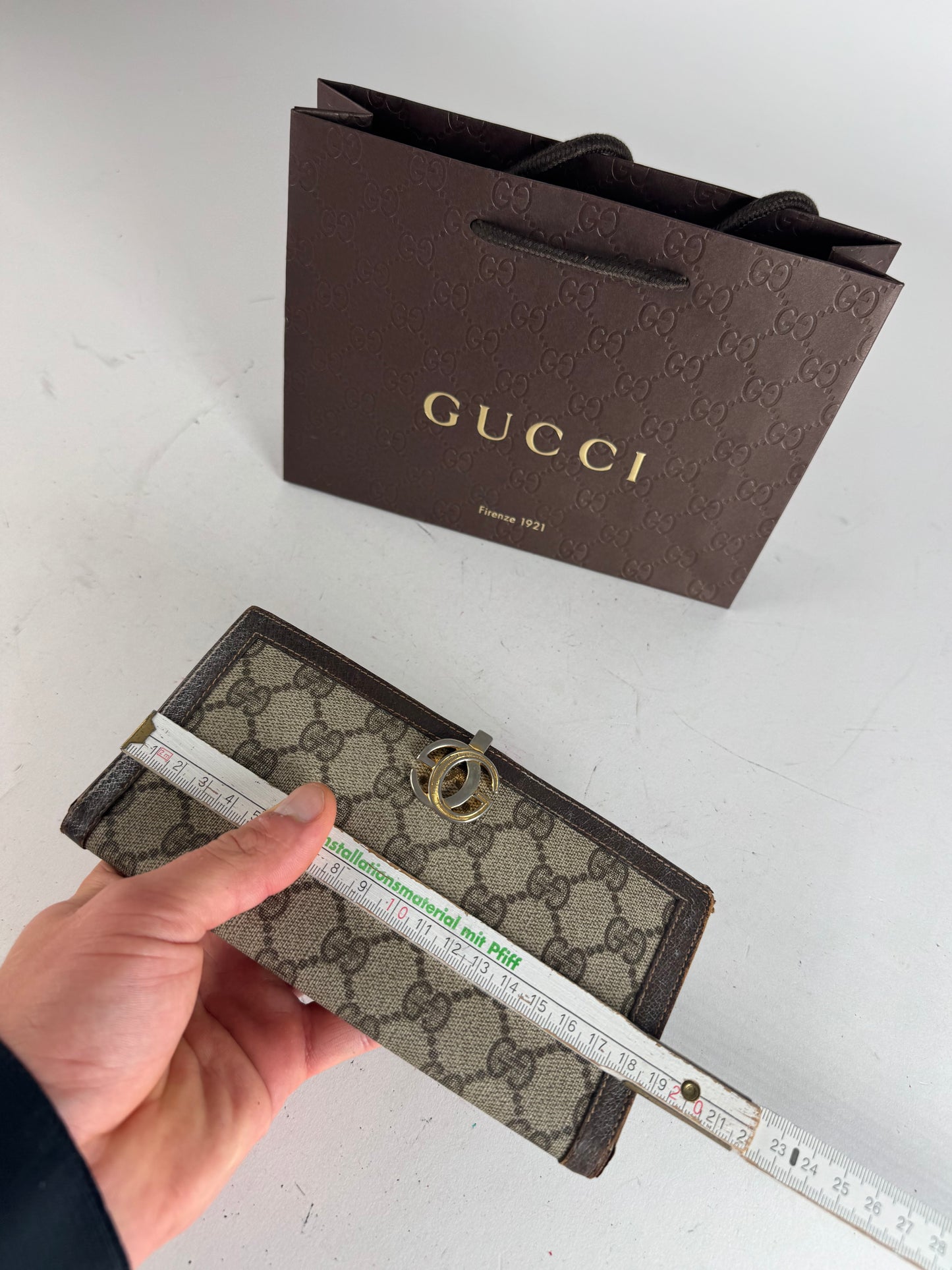 Vintage Gucci Monogram Leather Wallet Grey Brown
