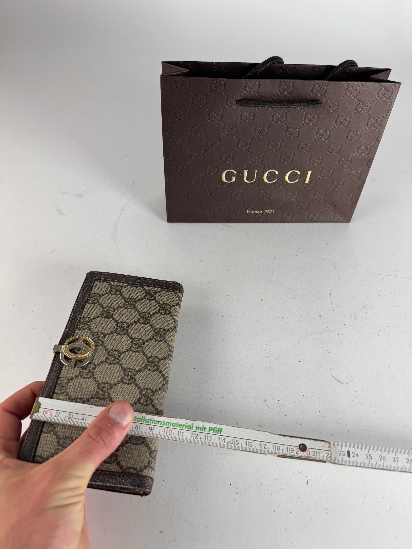 Vintage Gucci Monogram Leather Wallet Grey Brown