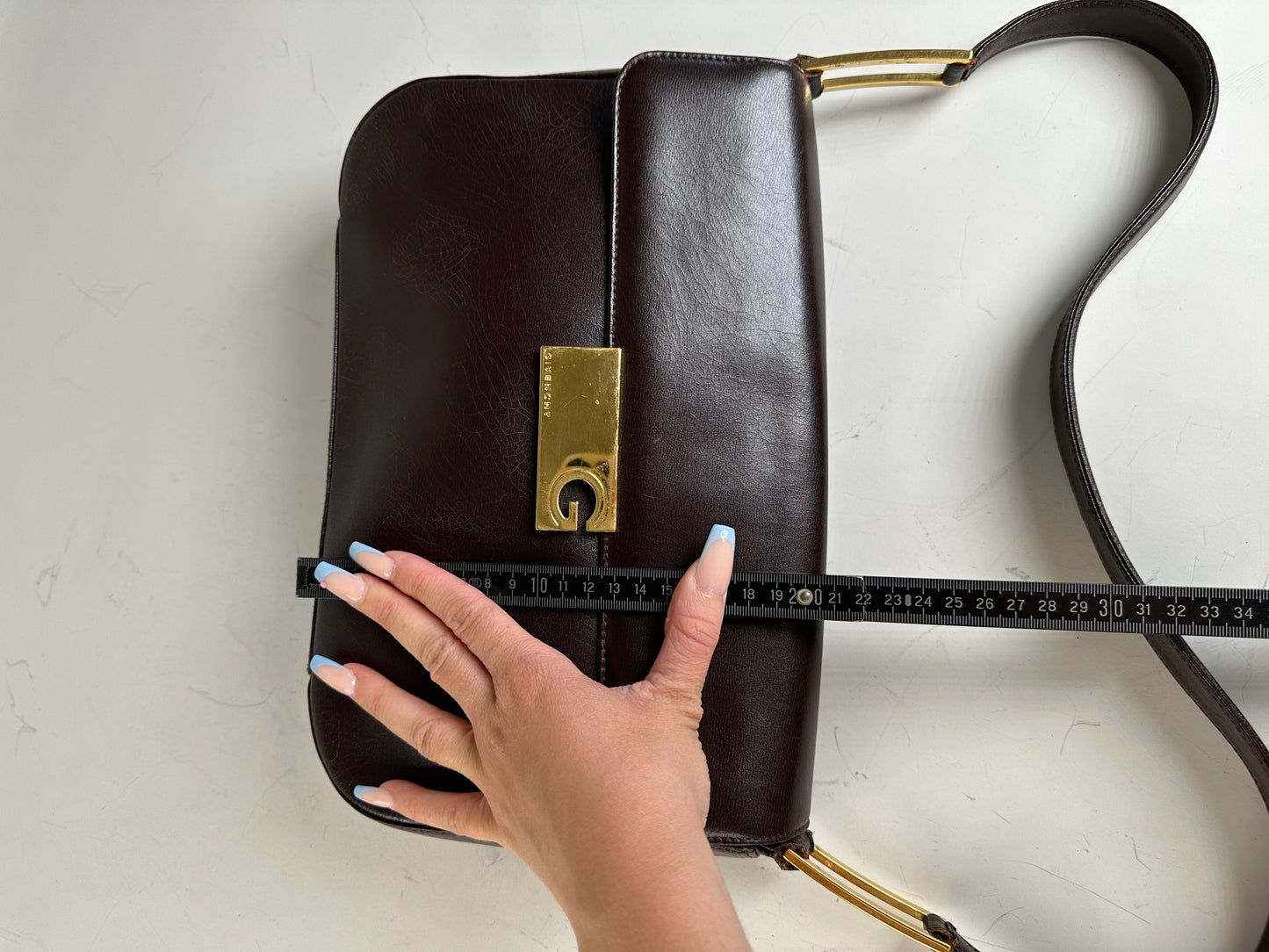 Vintage Givenchy Structured Leather Shoulder Bag Dark Brown Gold