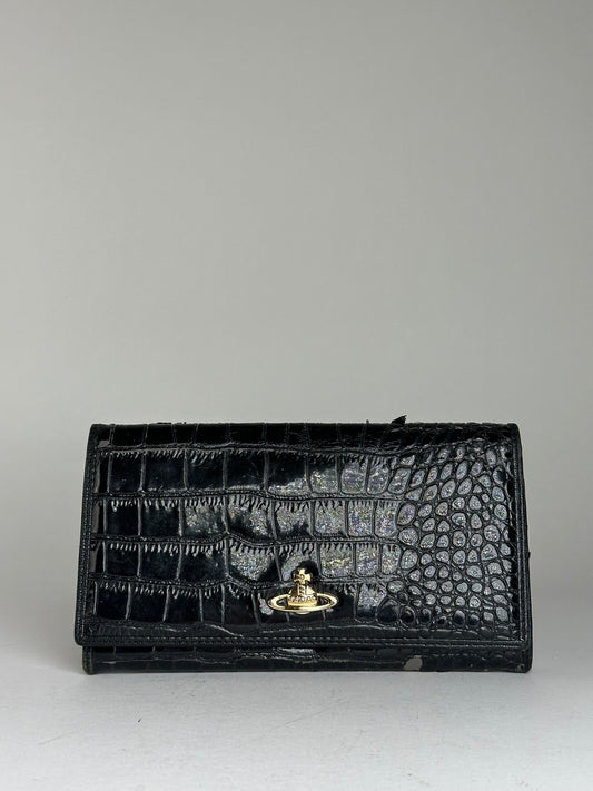 Vintage Vivienne Westwood Orb Long Wallet Black Croc-Embossed Patent Leather