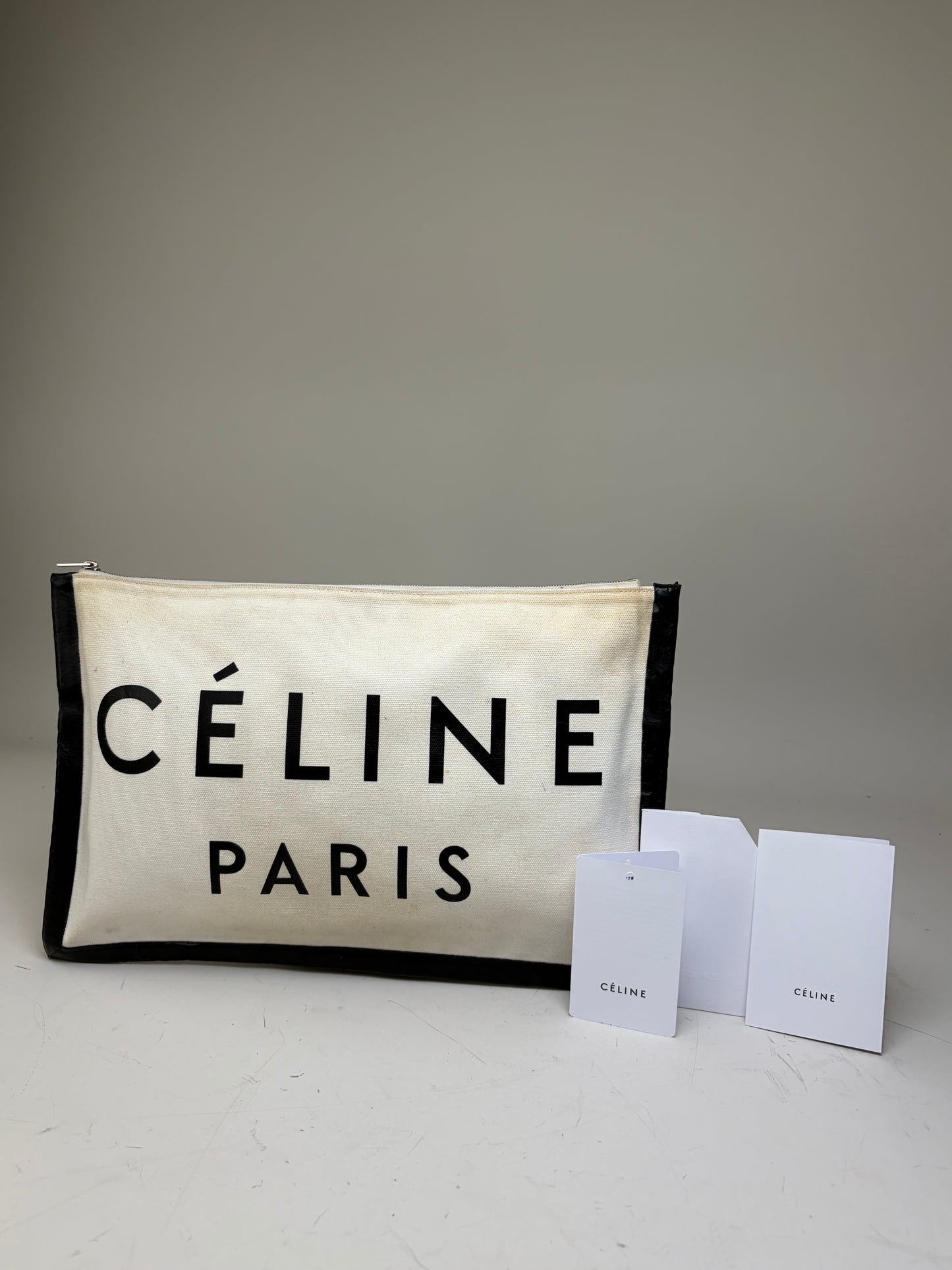 Vintage Celine Canvas Leather Trim Pouch Cream Black