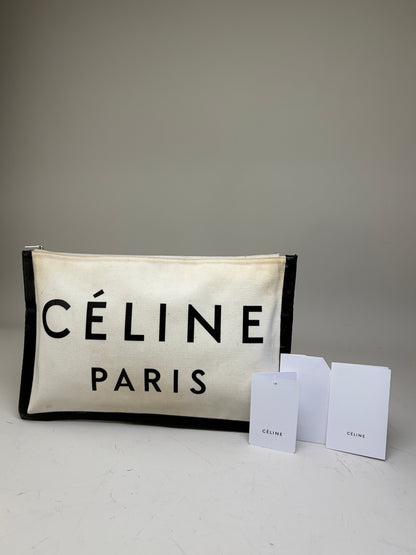 Vintage Celine Canvas Leather Trim Pouch Cream Black
