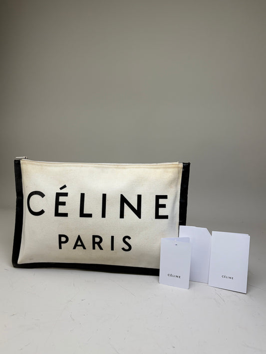 Vintage Celine Canvas Leather Trim Pouch Cream Black