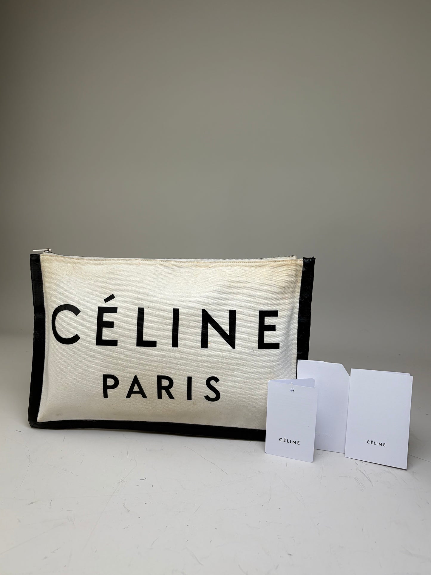 Vintage Celine Canvas Leather Trim Pouch Cream Black