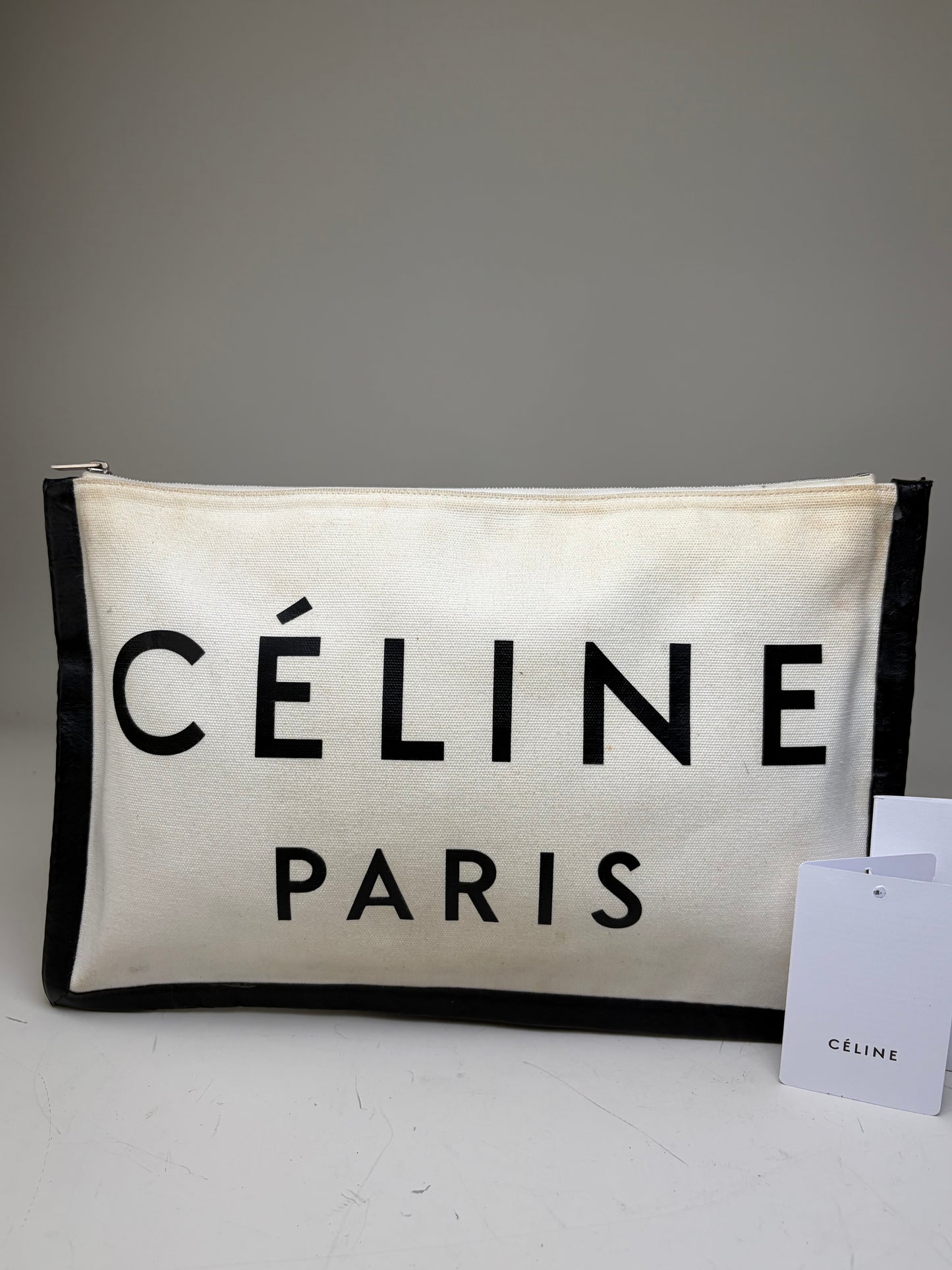 Vintage Celine Canvas Leather Trim Pouch Cream Black