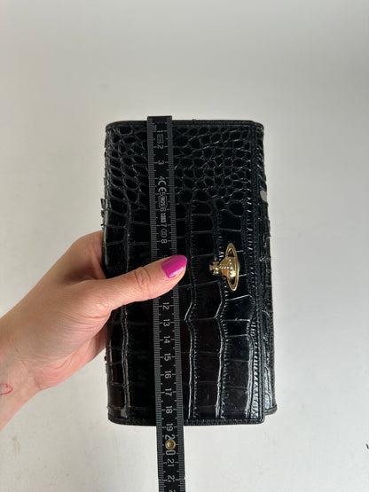 Vintage Vivienne Westwood Orb Long Wallet Black Croc-Embossed Patent Leather