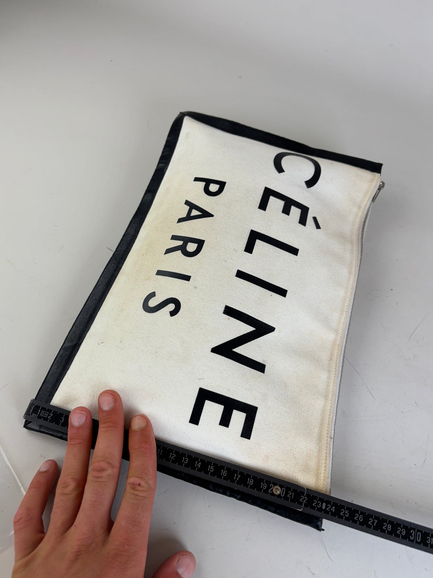 Vintage Celine Canvas Leather Trim Pouch Cream Black