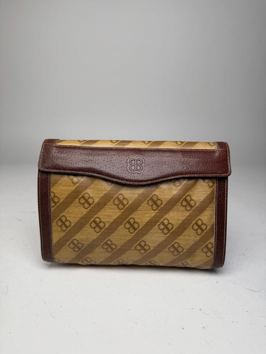 Vintage Balenciaga BB Monogram Leather Clutch Mini Bag Brown