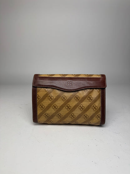 Vintage Balenciaga BB Monogram Leather Clutch Mini Bag Brown