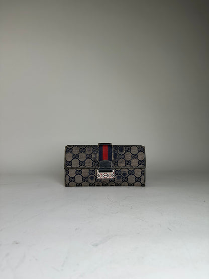 Vintage Gucci GG Supreme Canvas Wallet Beige Navy Silver