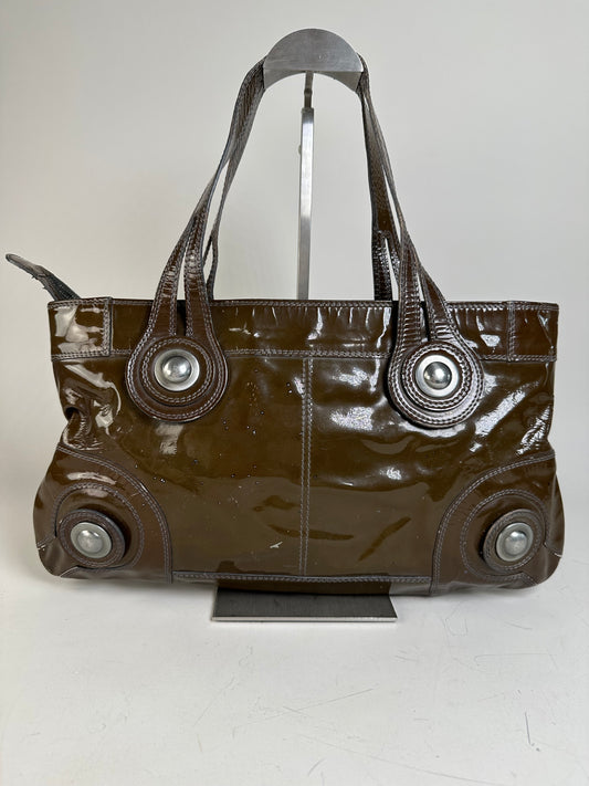 Vintage Marni Patent Leather Tote Dark Brown Silver