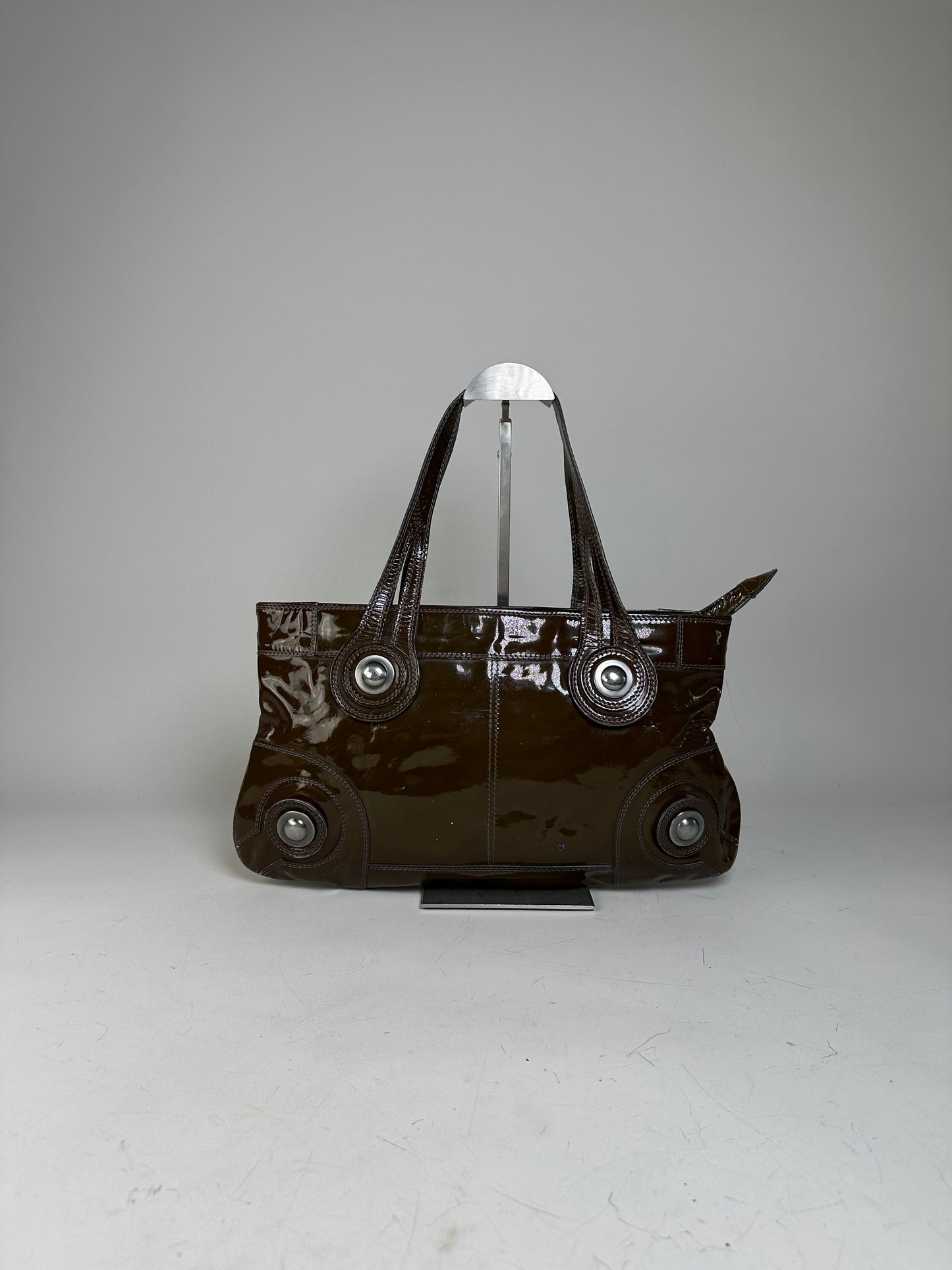 Vintage Marni Patent Leather Tote Dark Brown Silver