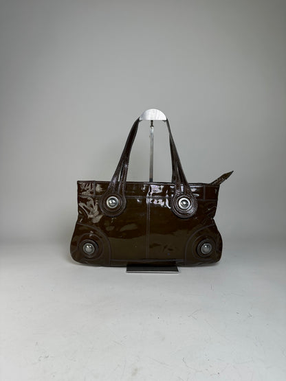 Vintage Marni Patent Leather Tote Dark Brown Silver
