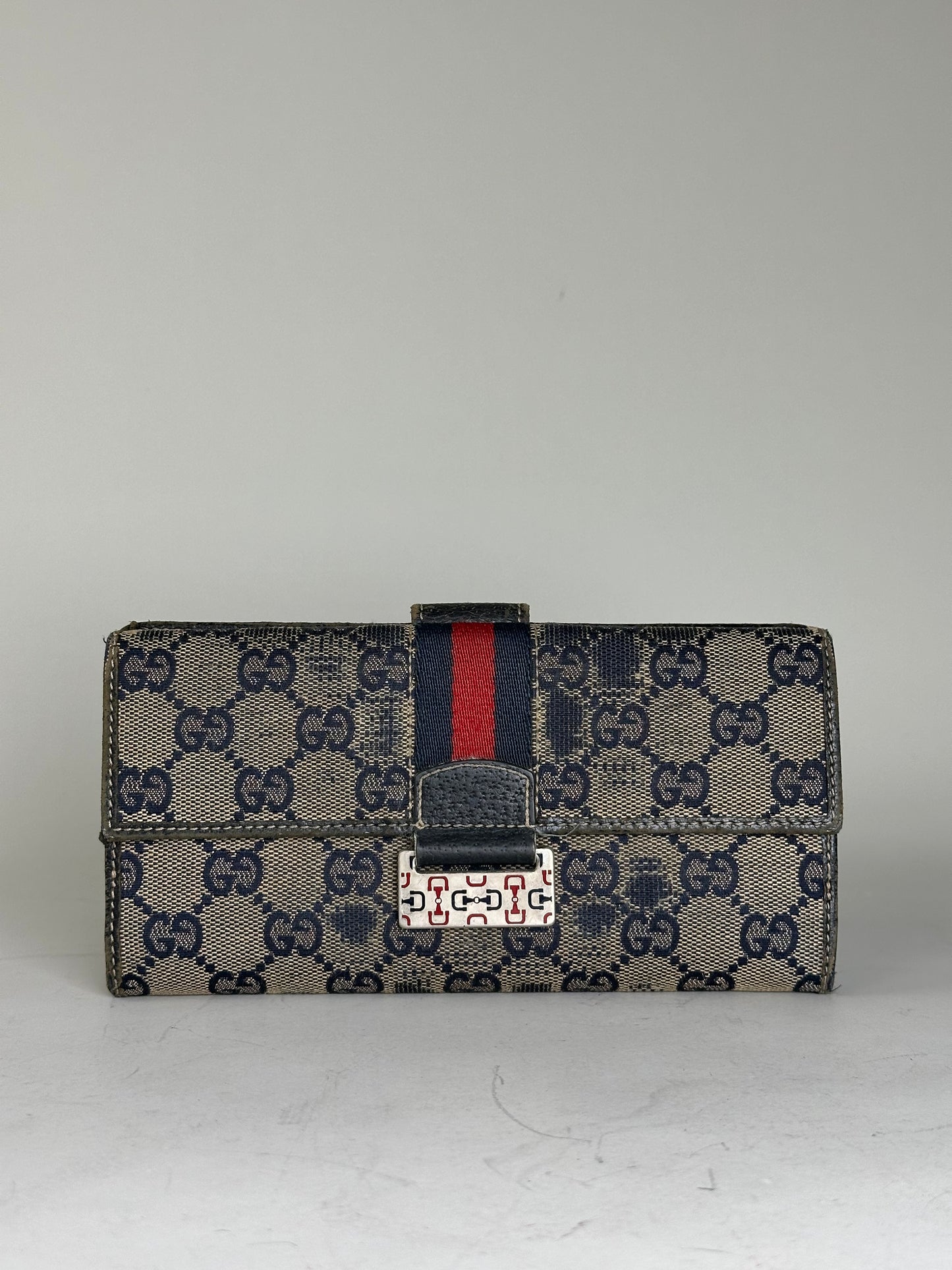 Vintage Gucci GG Supreme Canvas Wallet Beige Navy Silver