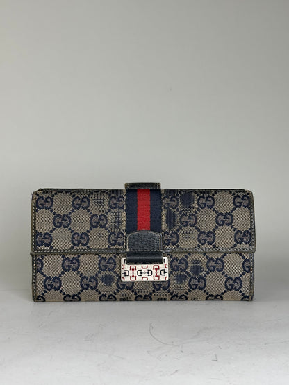 Vintage Gucci GG Supreme Canvas Wallet Beige Navy Silver