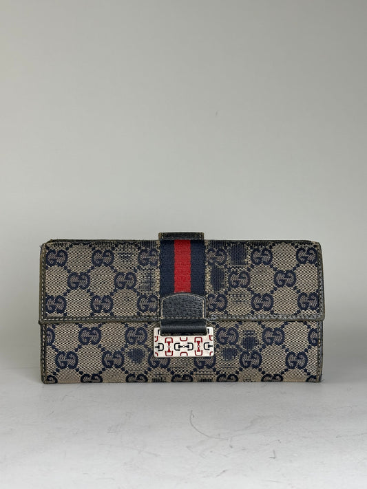 Vintage Gucci GG Supreme Canvas Wallet Beige Navy Silver