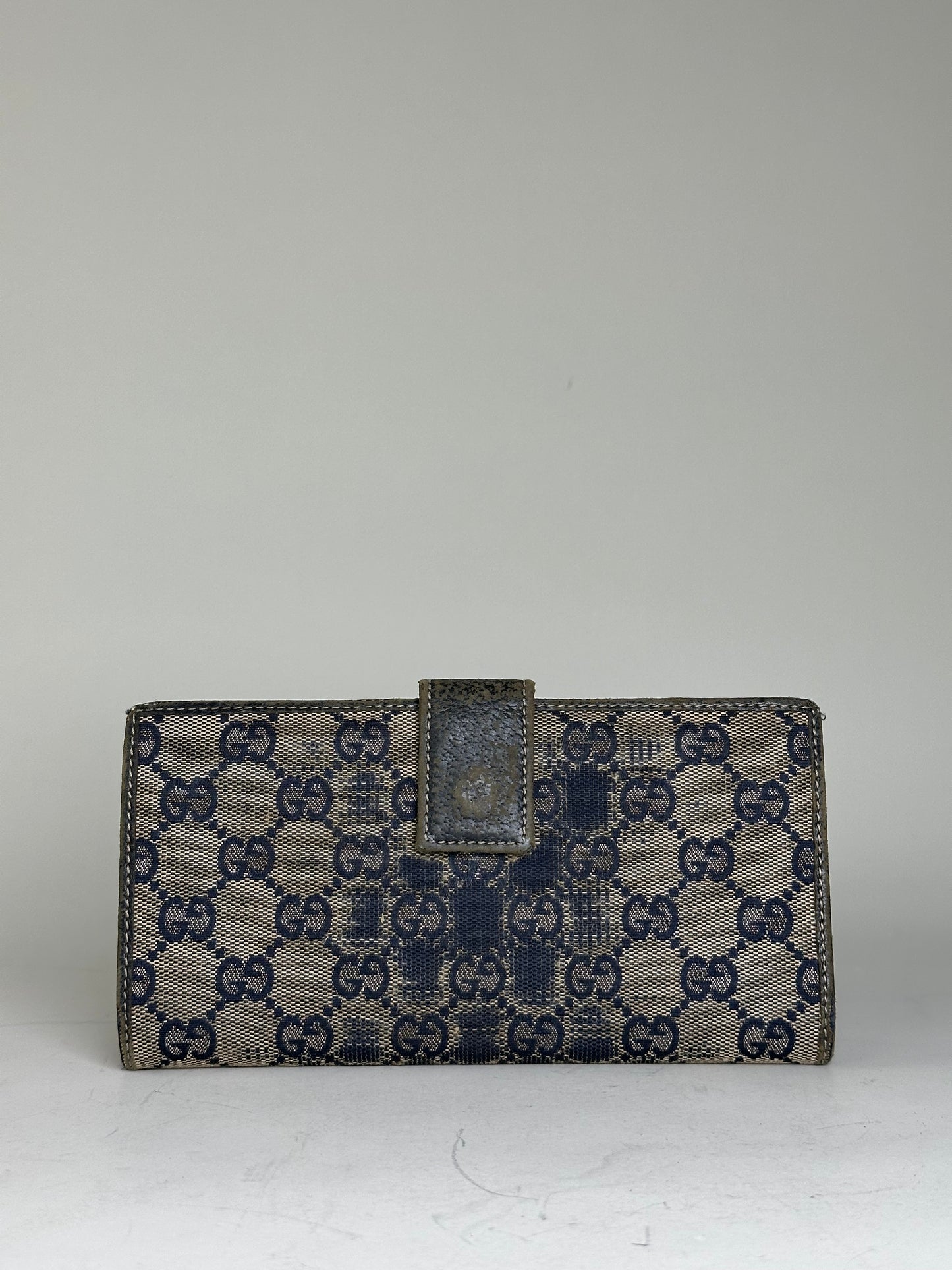 Vintage Gucci GG Supreme Canvas Wallet Beige Navy Silver