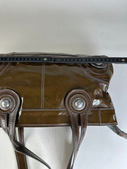 Vintage Marni Patent Leather Tote Dark Brown Silver