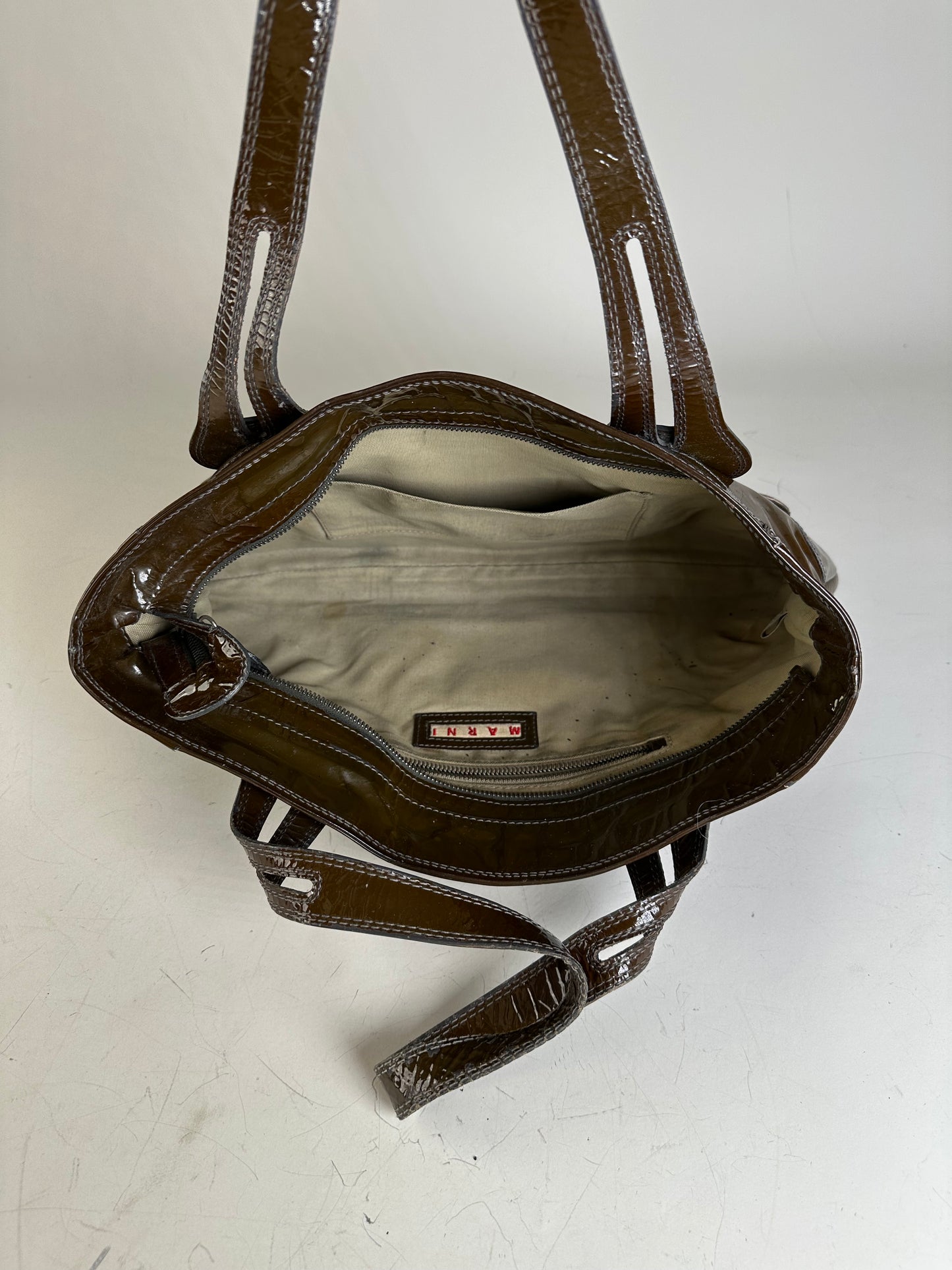 Vintage Marni Patent Leather Tote Dark Brown Silver