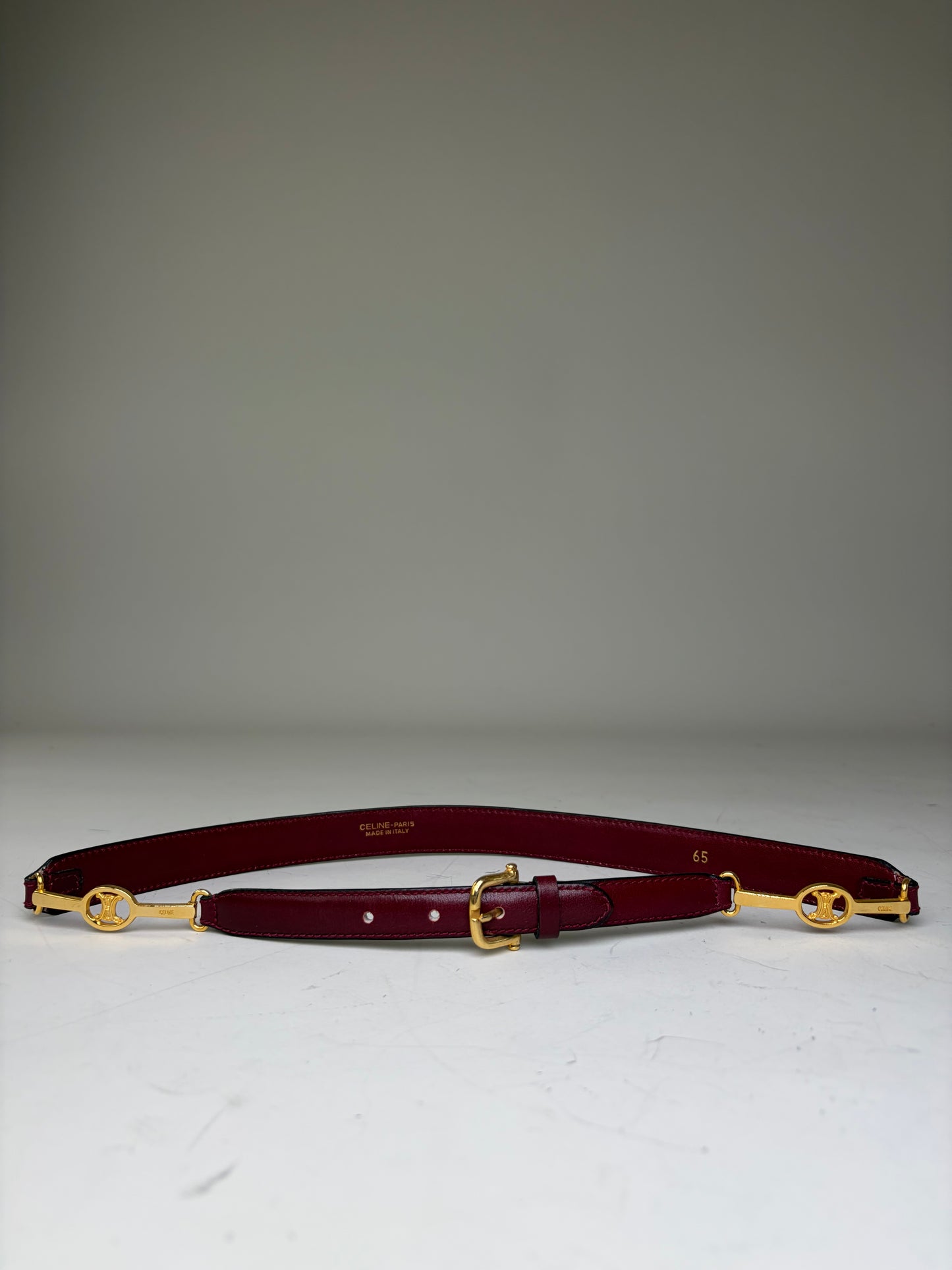Vintage Celine Leather Logo Belt Burgundy Gold