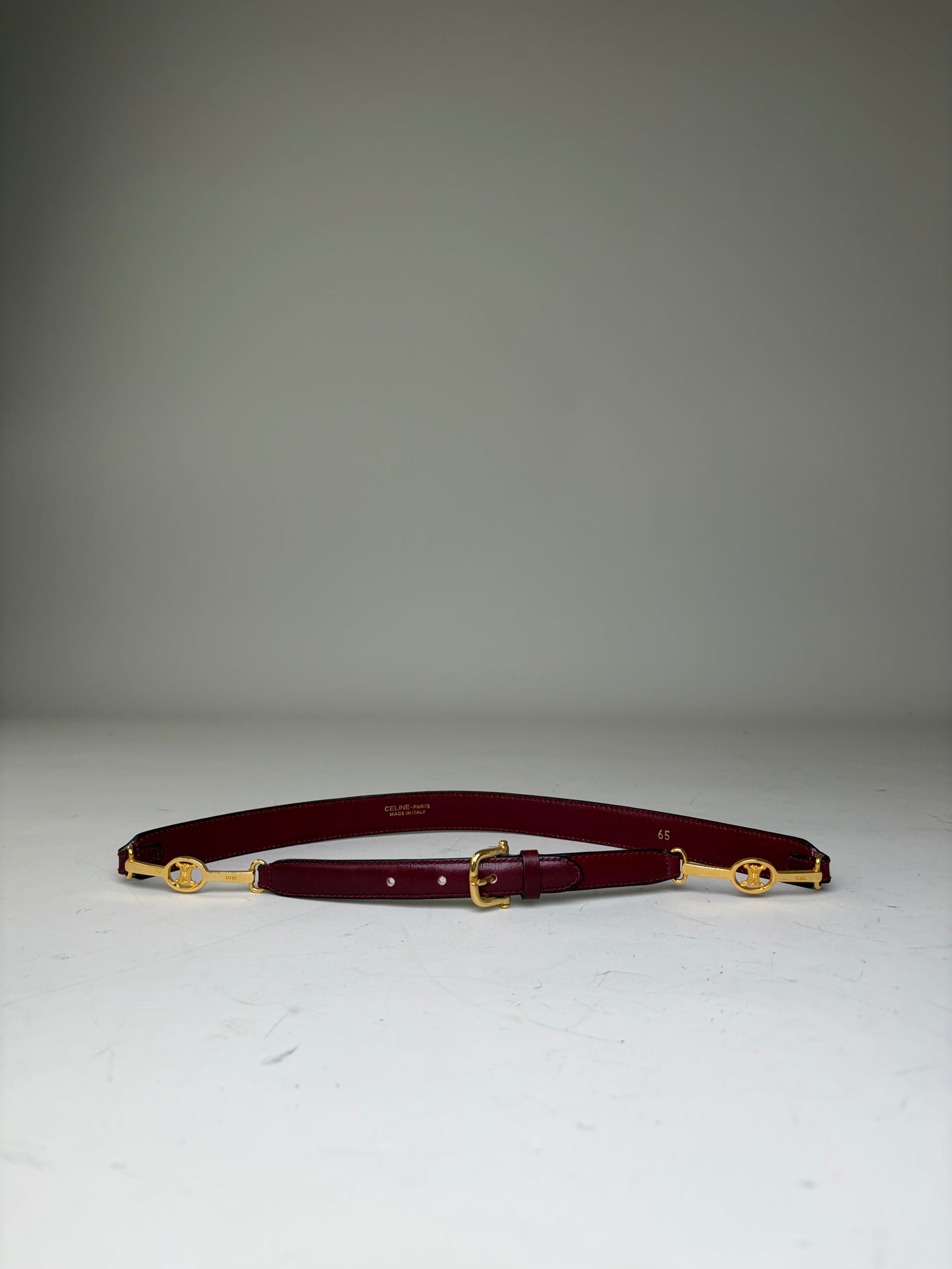 Vintage Celine Leather Logo Belt Burgundy Gold