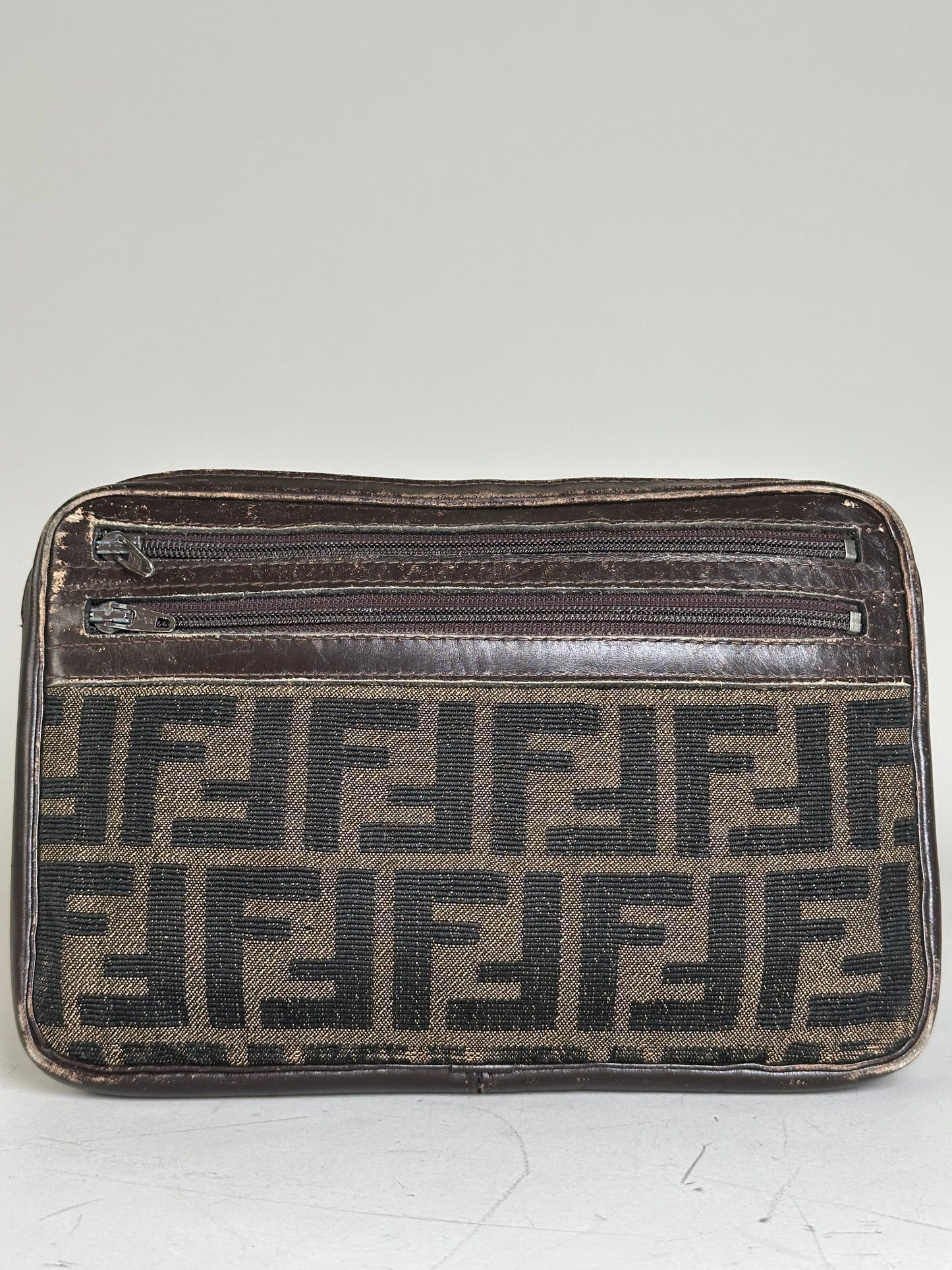 Vintage Fendi FF Monogram Canvas Pouch Beige Black