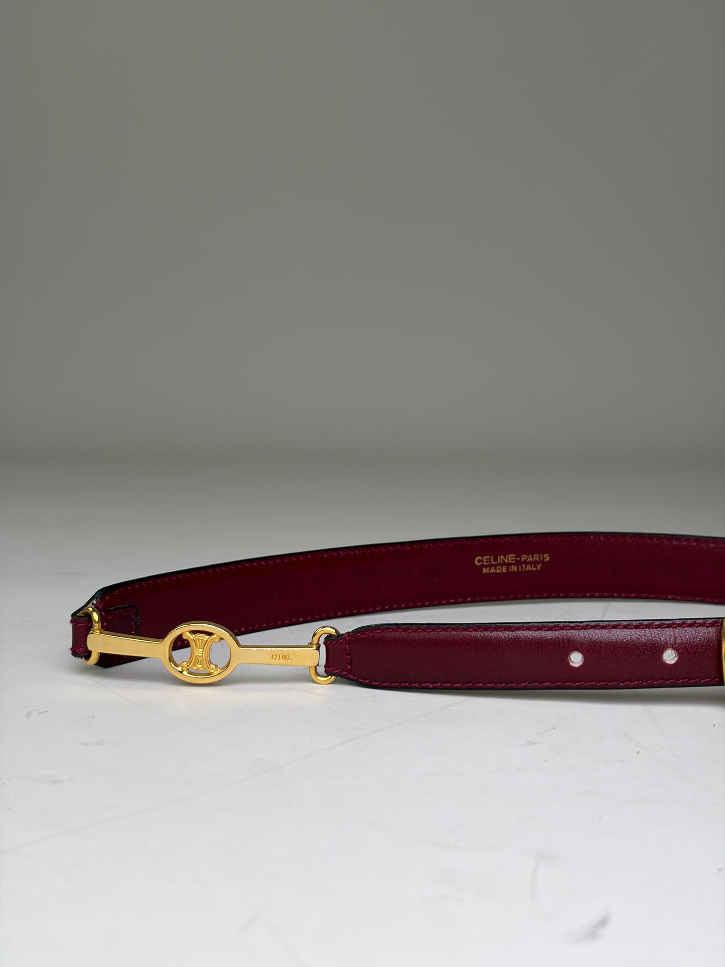 Vintage Celine Leather Logo Belt Burgundy Gold