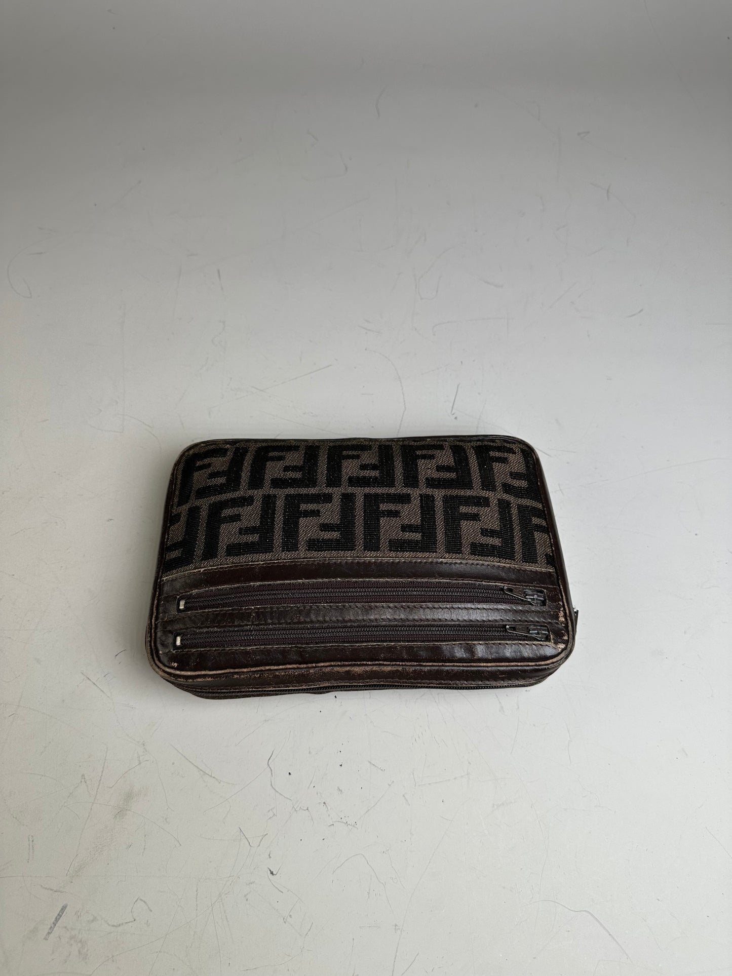 Vintage Fendi FF Monogram Canvas Pouch Beige Black